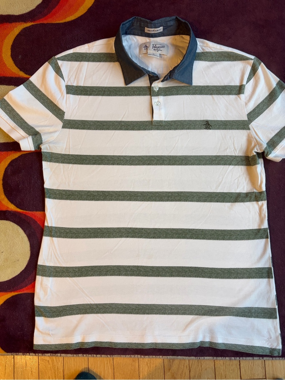 Original Penguin White Polo with Green Stripes and Navy Collar